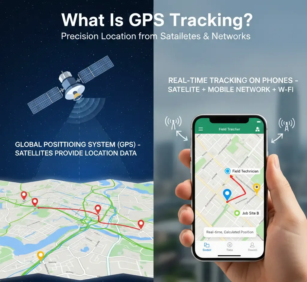 Infographic: Satellite and mobile signals tracking a phone on a digital map.
